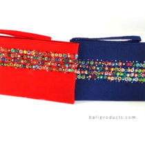 Endek Ikat Pouch With Beads Accent L In Blue, Orange Red Etc