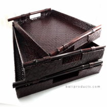 Set 3 Pandanus Tray With Bamboo Handle Dark Brown