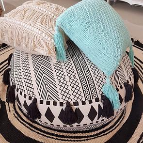 Round Aztec Pattern Linen Cotton Pouff With Tassels