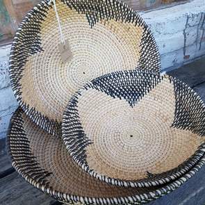 Large Natural & Black Pattern Rattan Bowl Sets