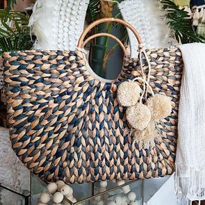 Woven Banana Leaf Bag With Grass Pom-Poms
